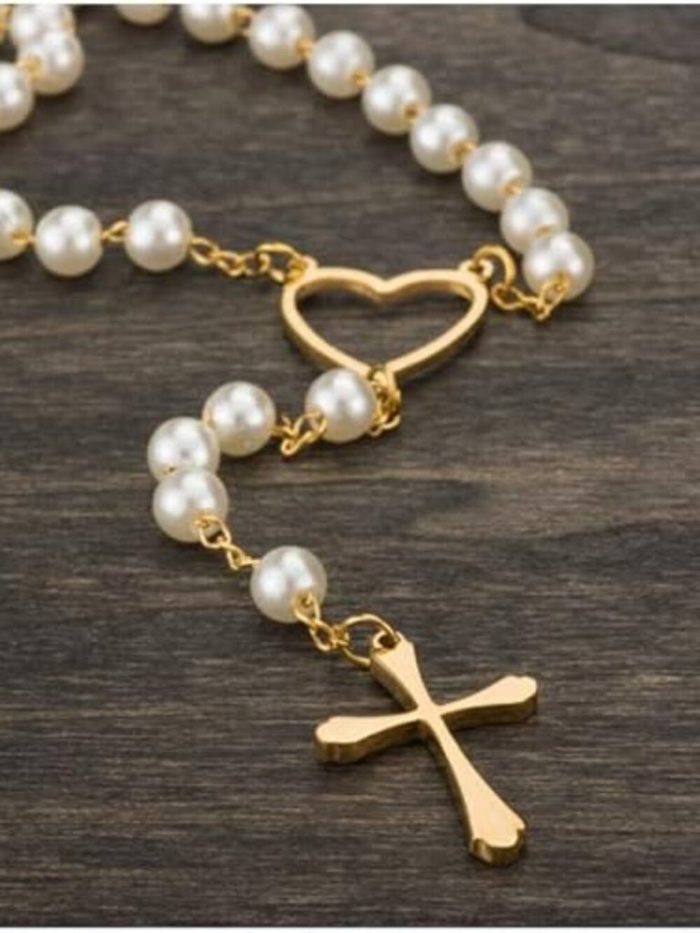 Heart & Pearl Rosary Necklace with Cross Pendant 29.5 Inch
